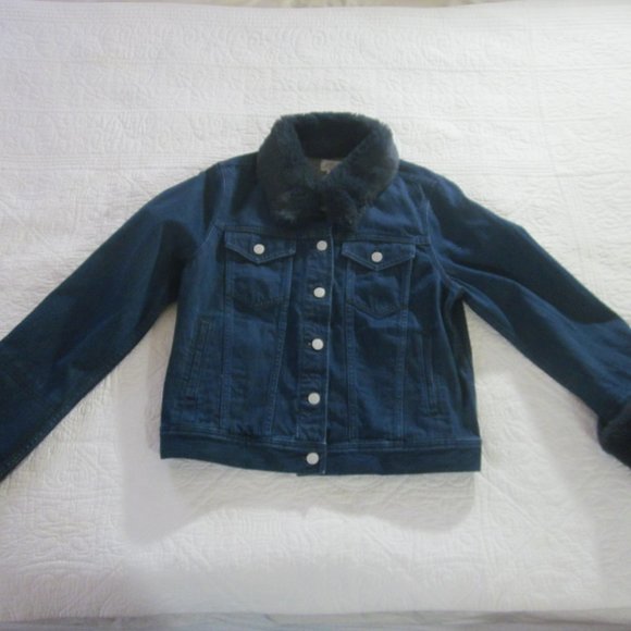 J. Crew Jacket L Classic Denim with Faux Fur Blue - Picture 2 of 10
